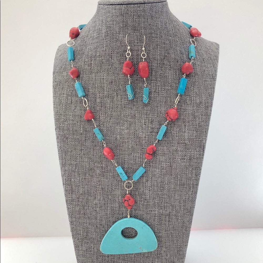 Red and turquoise necklace and earrings set